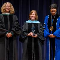 Provost Drake, Ellen Schiller, and President Mantella